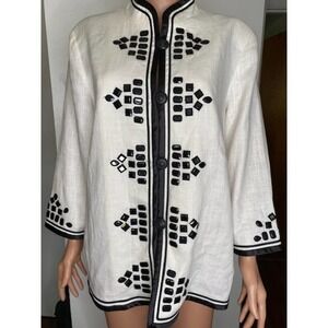 Linea by Louis Dell'Olio Linen Jacket Large 4 Button Embroidered Lined 3/4 Sleev